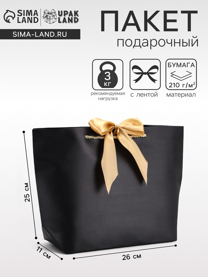 Пакет подарочный ламинированный, с лентой «Чёрный», горизонтальный, 26×25×11 см