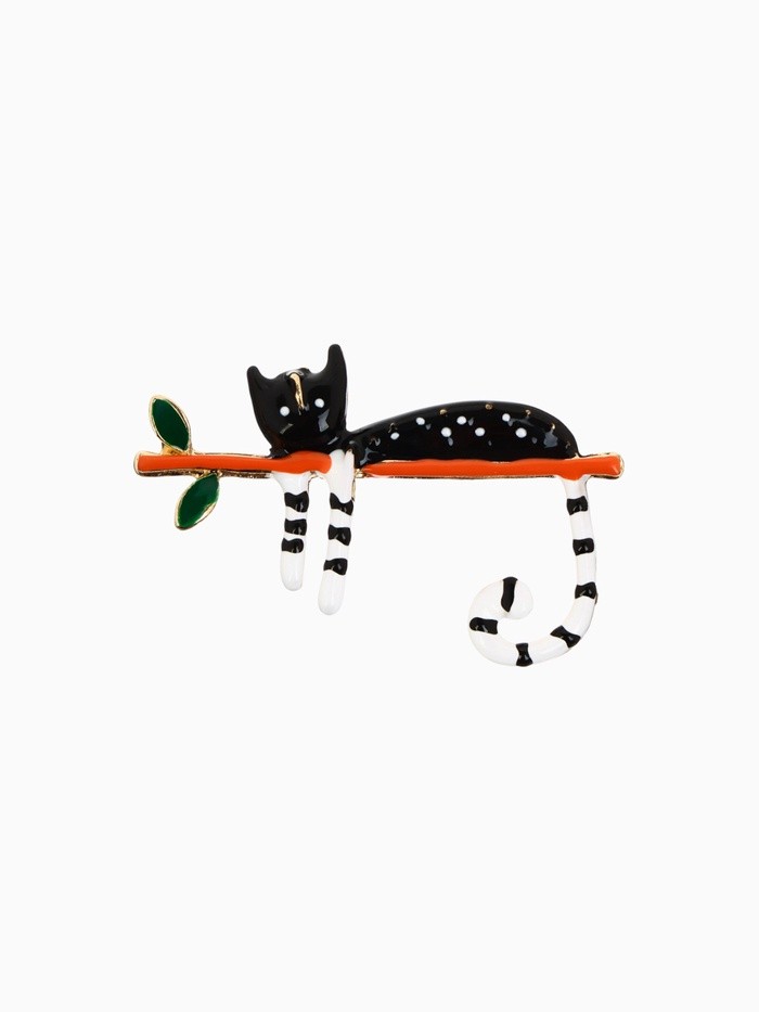 Брошь «Кошка» тропическая на ветке, цветная в золоте