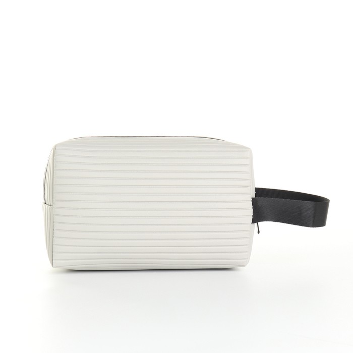 Косметичка на молнии с ручкой, объёмная, маленькая, в полоску, серая