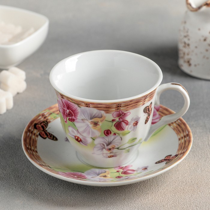 Чайная пара Доляна «Садовый дворик», чашка 200 мл, блюдце