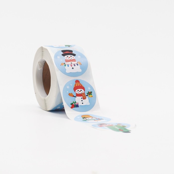 Наклейки   в рулоне "Снеговики", 500 шт,3,8 х 3,8 см