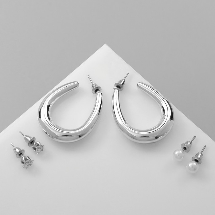 Набор серег QF «Нежность», 3 пары, цвет белый в серебре