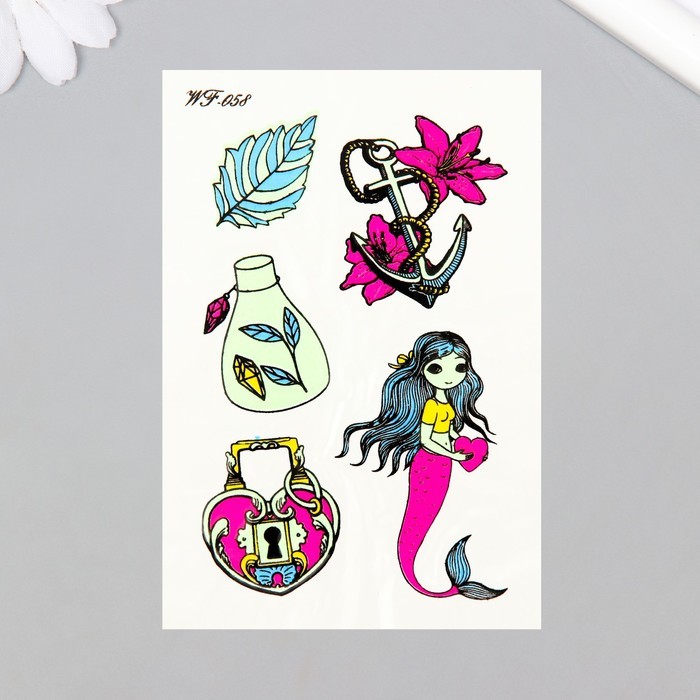 Татуировка на тело фосфорная цветная "Любовь русалки" 14,3х7,5 см