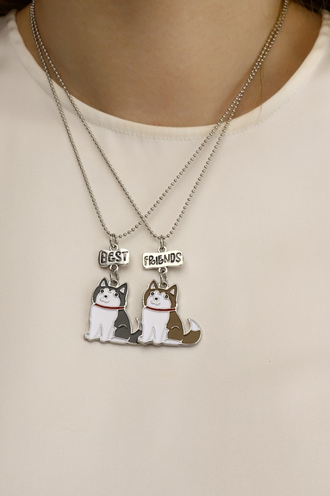 Кулоны «Неразлучники» хаски, цветные в серебре, 45 см