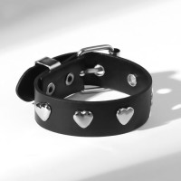 Браслет кожа «Хардкор» сердца, чёрный в серебре