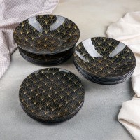 Набор тарелок Доляна «Золотое перо», 19 предметов: салатник, 6 десертных тарелок, 6 обеденных тарелок, 6 мисок, цвет чёрный