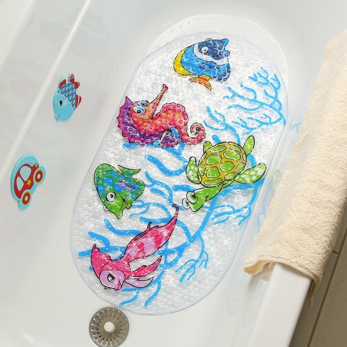 Коврик противоскользящий в ванну на присосках Доляна «Морские жители», 36×68 см