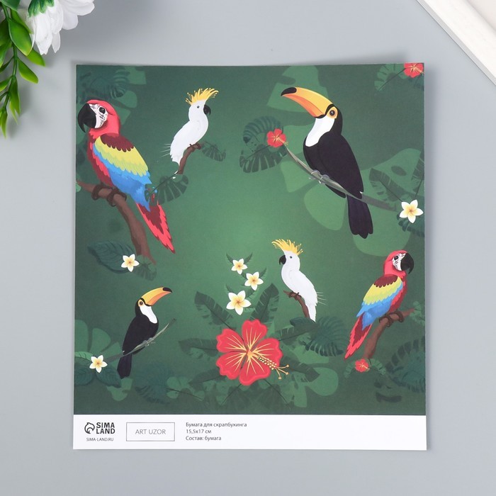 Бумага для скрапбукинга двусторонняя "Попугаи, фламинго и зебры" плотность 180 гр 30,5х32 см