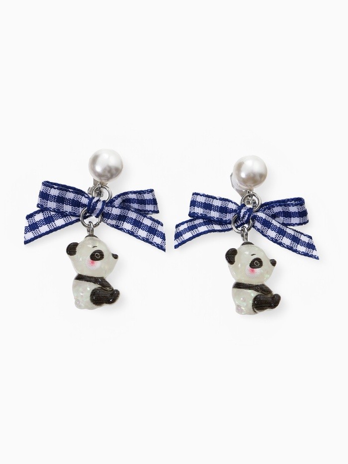 Серьги-клипсы детские «Выбражулька» панда с бантом клетка и жемчужиной, цветные