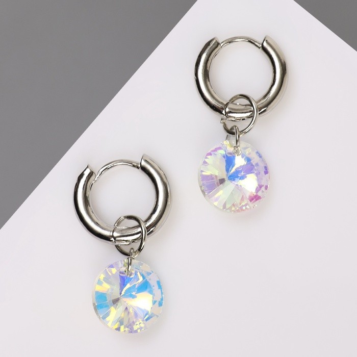 Серьги со съёмным элементом «Трансформер» круглый кристаллик, радужные в серебре