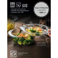 Кастрюля из жаропрочного стекла для запекания с крышкой Доляна «Фуэго», 1,5 л, 23,9×20,5×9 см, цвет прозрачный