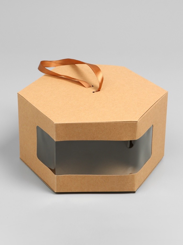 Коробка подарочная шестигранная, с окном, крафтовая, 10×30×17 см