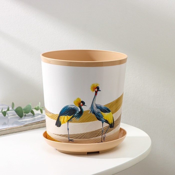 Горшок для цветов с поддоном Доляна «Каракум. Венценосный журавль», 1,6 л, d=14 см, h=15,5 см, пластиковый, цвет белый/бежевый