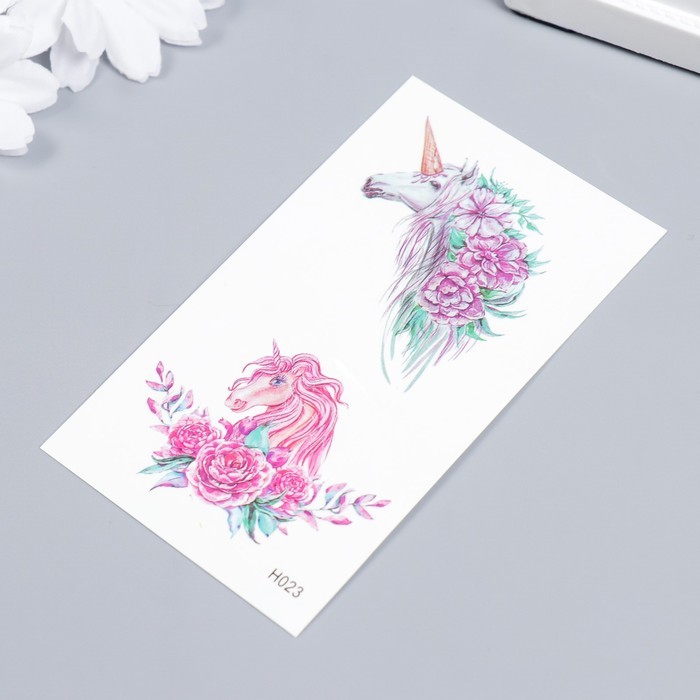 Татуировка на тело цветная "Единороги и пионы" 10,5х6 см
