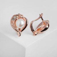 Серьги с жемчугом «Эдель» листок, цвет белый в розовом золоте