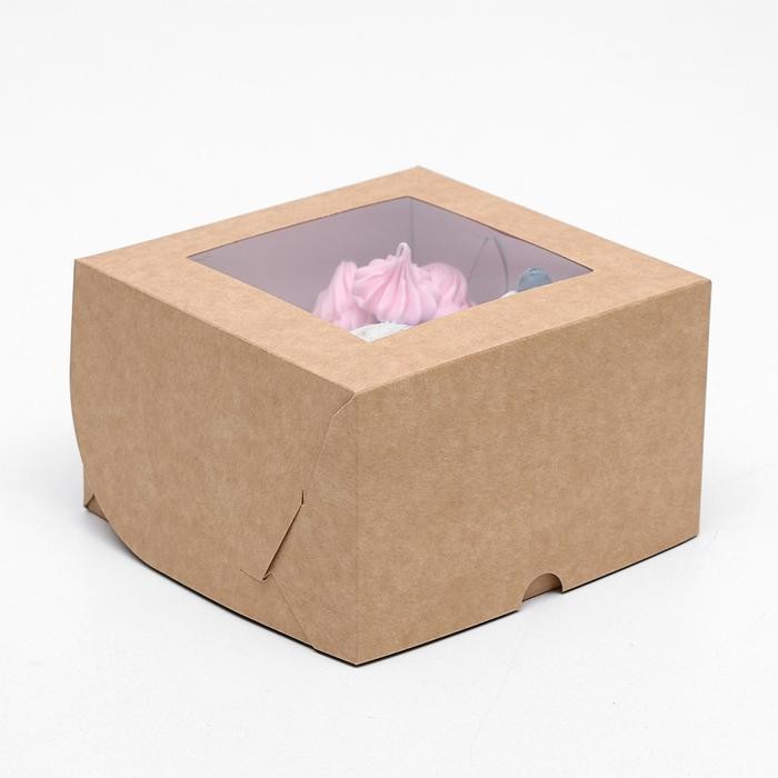 Кондитерская складная коробка для капкейков с окном на 4 шт, белая, 16 х 16 х 10 см