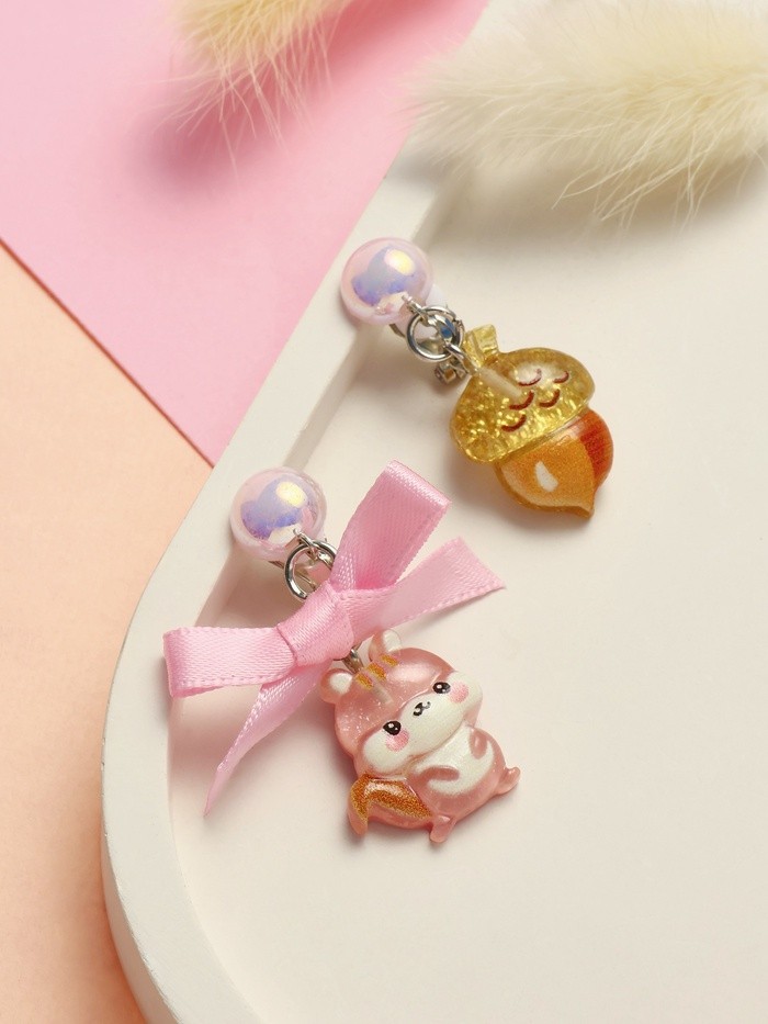 Серьги-клипсы детские «Выбражулька» белочка с бантом, жёлудь с жемчужиной, цветные