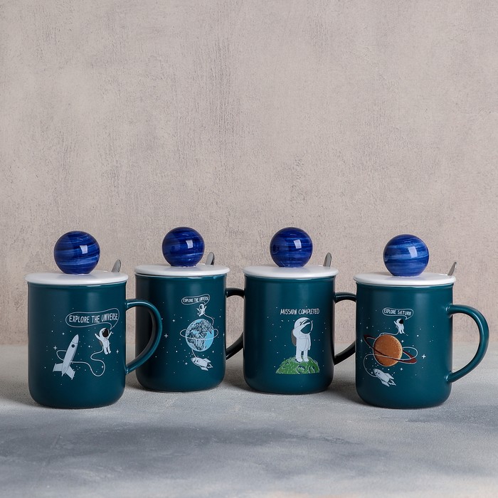 Кружка «Космонавт», 350 мл, с керамической крышкой и ложкой, рисунок МИКС