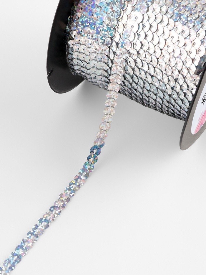 Пайетки на нити, голография, 6 мм, 91±1 м, цвет серебряный