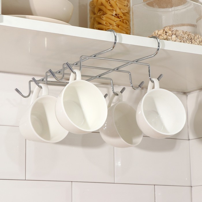 Держатель для кружек подвесной Доляна, на 8 предметов, 27.5×20×7.5 см, на толщину полки 3.5 см, хромированный