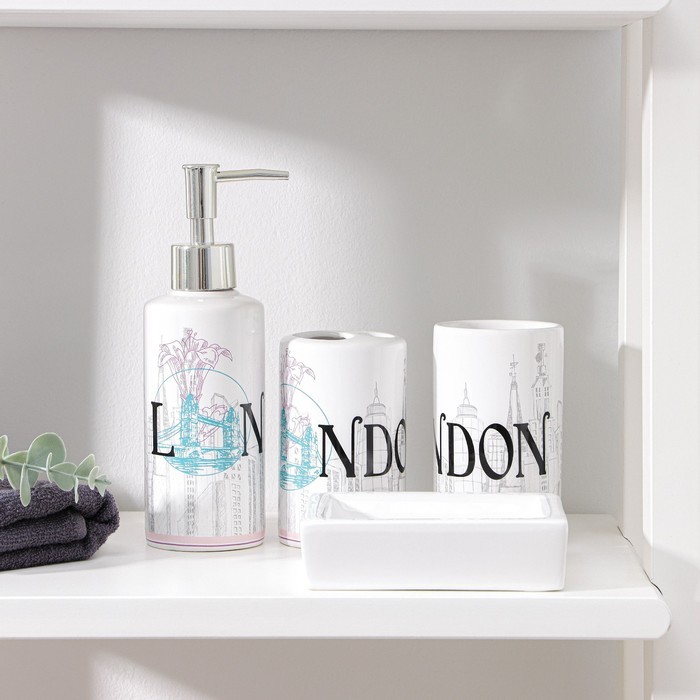 Набор аксессуаров для ванной комнаты «Города», 4 предмета: дозатор 270 мл, мыльница 2 стакана, цвет МИКС