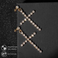 Серьги со стразами «Крестики» с делениями крупные, белые в золоте