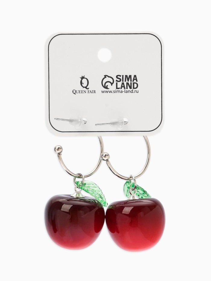 Серьги кольца «Черешня с листочком», бордовые в серебре