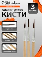 Набор кистей для рисования, белка, 3 штуки: № 1, 2, 3, круглые, деревянная ручка, международный размер