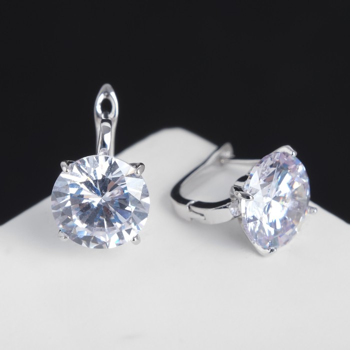 Серьги со стразами «Большой бриллиант», d=1 см, белые в серебре Серьги со стразами «Большой бриллиант», d=1 см, белые в серебре