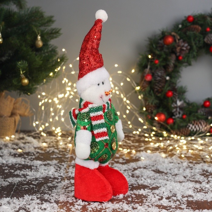 Мягкая игрушка "Снеговик в сияющем костюме" 34х17 см, красно-зелёный Мягкая игрушка "Снеговик в сияющем костюме" 34х17 см, красно-зелёный