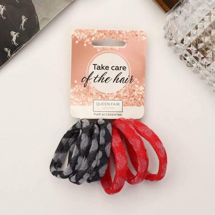 Резинка для волос "Махрушка спорт" (набор 6 шт) узор полоски, 4 см, серый красный