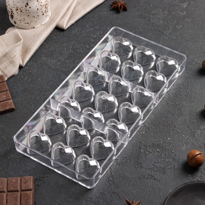 Форма для конфет и шоколада KONFINETTA «Сердца», пластик, 27.5×13.5 см, 21 ячейка (2×3 см), прозрачный