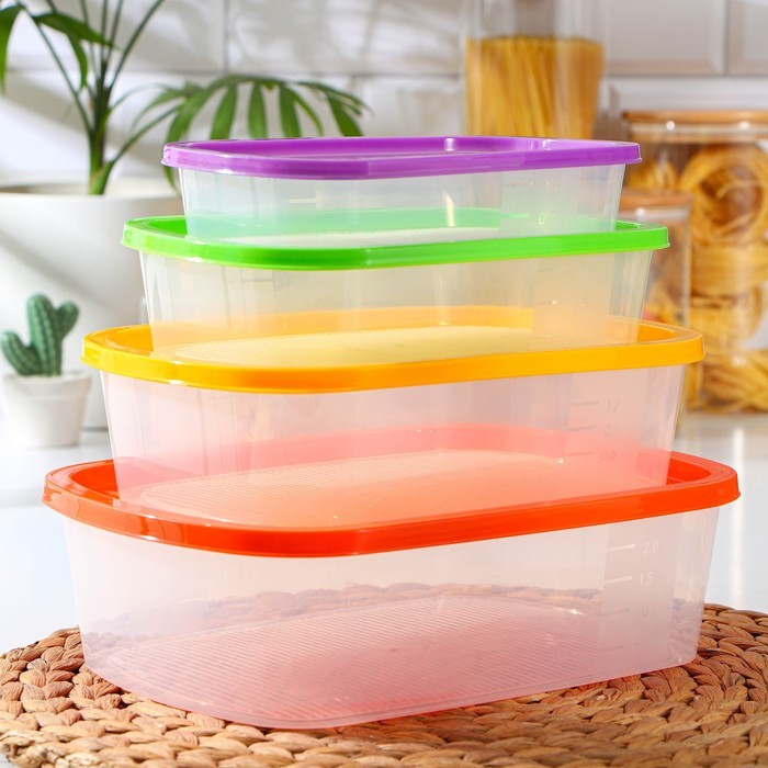 Набор контейнеров пищевых BioFresh, 4 шт: 0,5 л, 1 л, 1,6 л, 2,3 л, прямоугольные, цвет МИКС