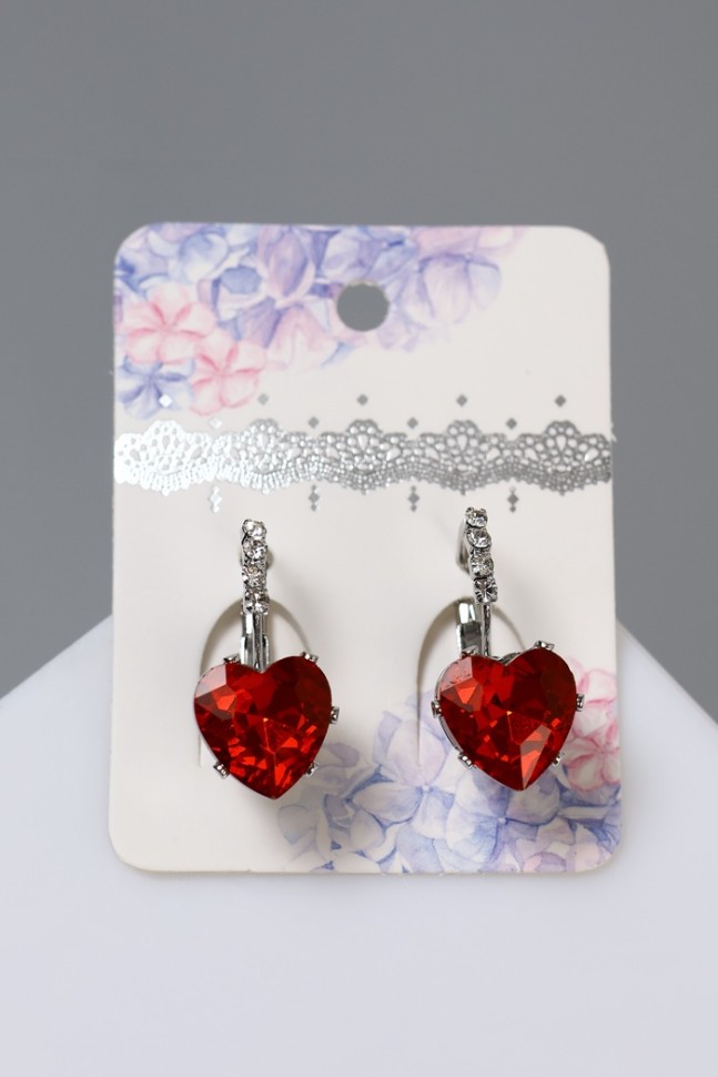 Серьги со стразами «Сердце» мерцание, бело-красные в серебре