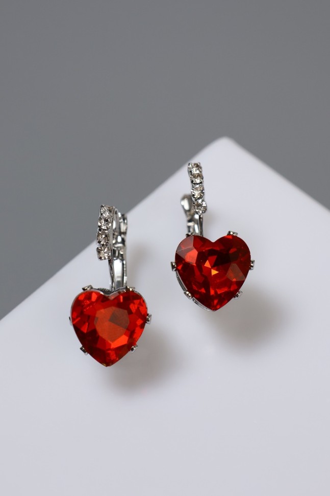Серьги со стразами «Сердце» мерцание, бело-красные в серебре