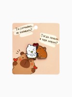 Значок «Капибара с утёнком», оранжево-белый в чёрном металле