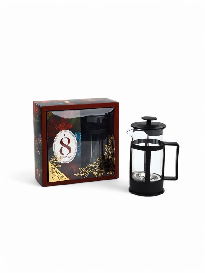 Подарочный набор «С 8 марта»: чай чёрный со вкусом мяты 100 г, френч-пресс