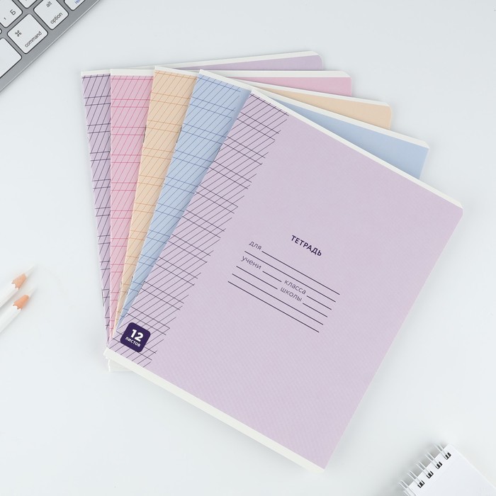 Тетрадь 12 листов в частую косую линейку, А5, на скрепке, блок №1 «Минимализм» МИКС
