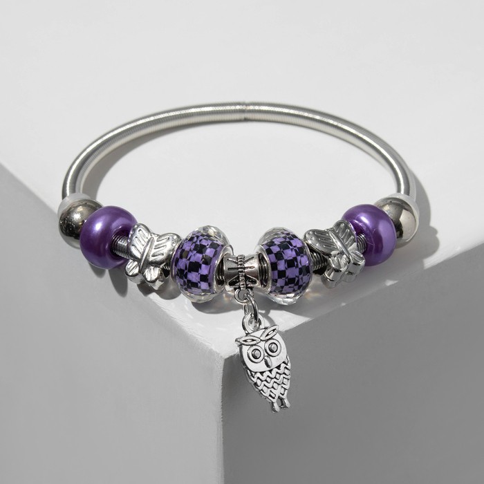 Браслет ассорти «Марджери» сова, цвет фиолетово-чёрный в серебре, d=6,5 см