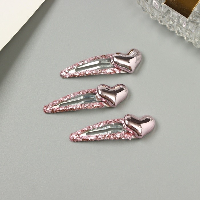 Невидимка для волос "Агата" (набор 3 шт) сердце, 5 см, розовый