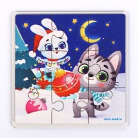 Пазлы деревянные на новый год «Зайка и котик», 9 деталей