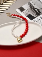 Бусы с жемчугом «Сердце», красно-белый в золоте, 45 см