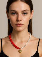 Бусы с жемчугом «Сердце», красно-белый в золоте, 45 см