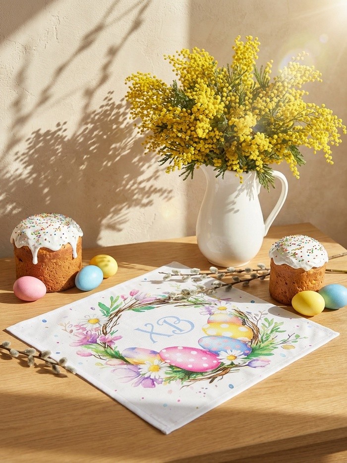 Салфетка пасхальная на стол «Пасхальный венок» 65×65 см