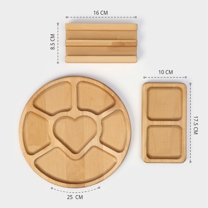 Набор менажниц Adelica, 6 секций, 2 секции, подставка, масло в подарок, дерево берёза, бежевый