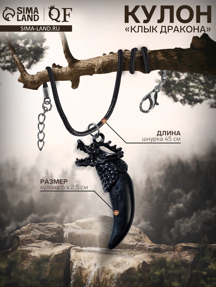 Кулон унисекс «Клык дракона», цвет чёрный на чёрном шнурке, 45 см