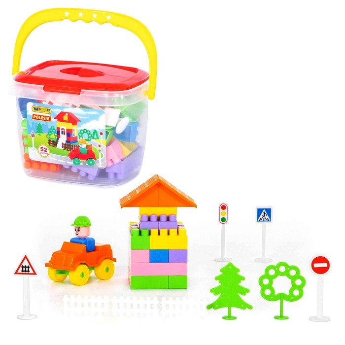Конструктор «Строитель» в ведёрке, 52 элемента