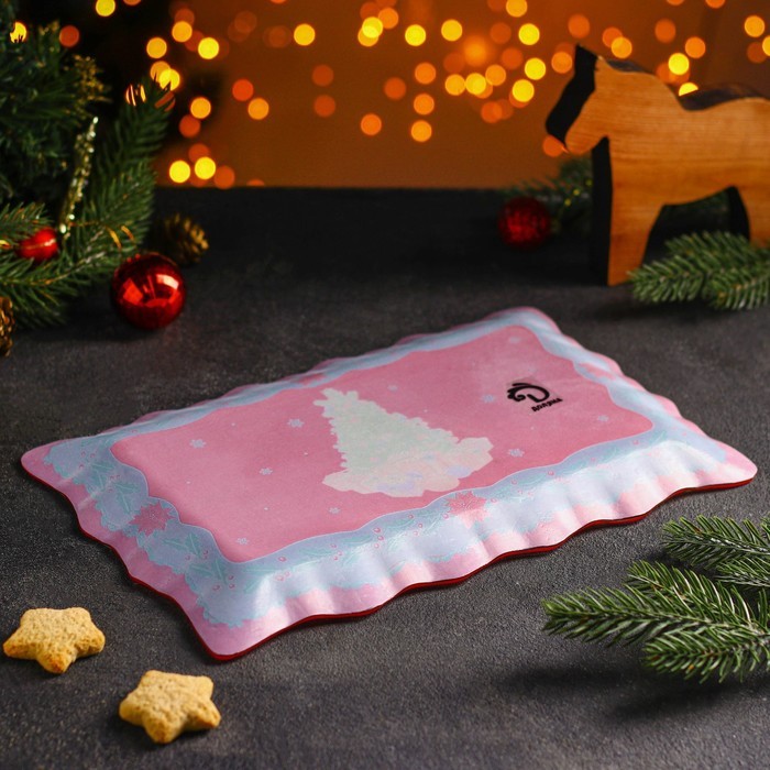 Блюдо прямоугольное Доляна «Счастливого Нового года», 29,3×18,8 см, цвет красный