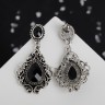 Серьги со стразами «Изящность» ажурная, чёрные в чернёном серебре