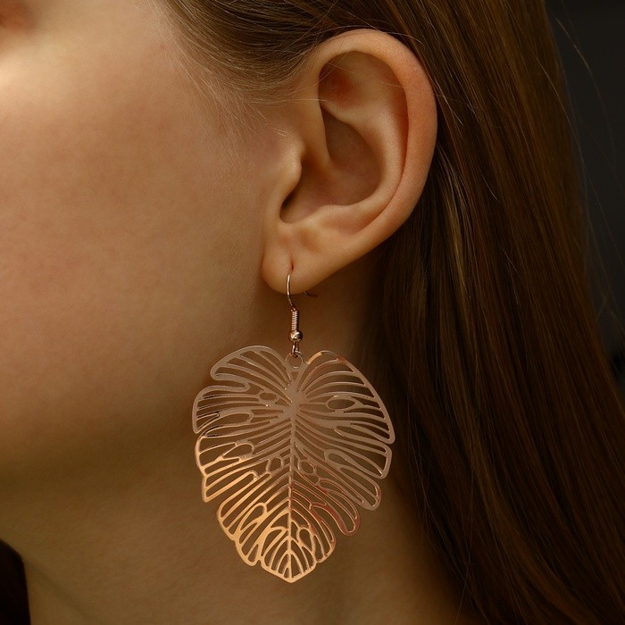 Серьги металл «Монстера» листочек, цвет розовое золото